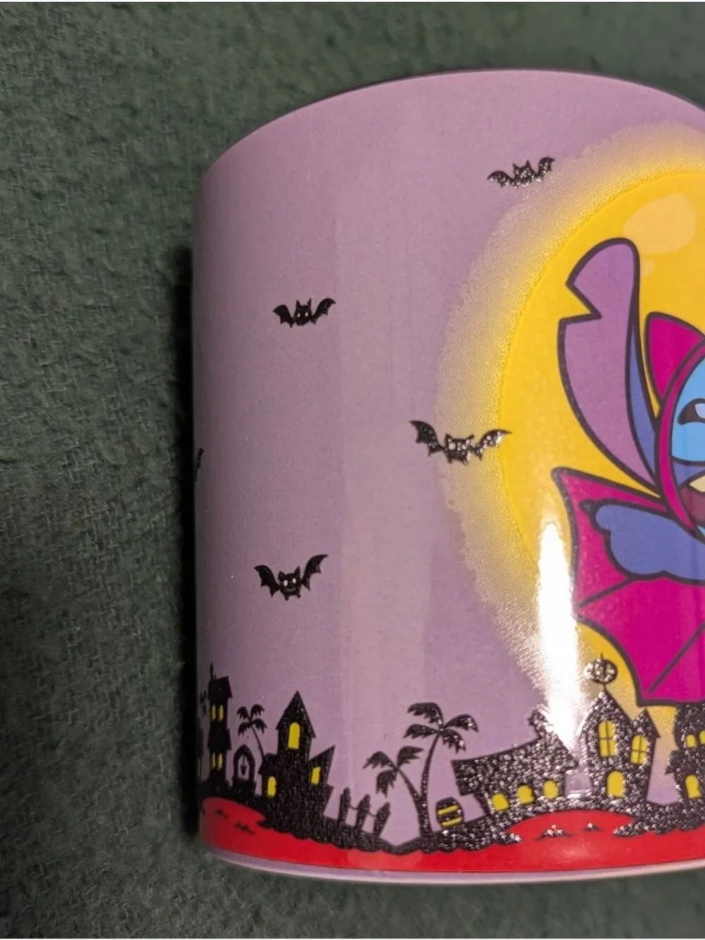 Disney Stitch Halloween Ceramic Mug 20 Oz Purple With Haunted House & Bat Design